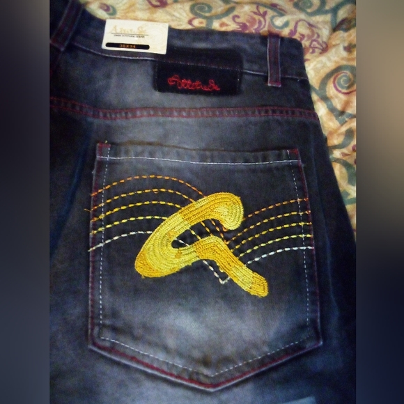 ATTITUDE Premium Embroidered Designer Demin Jeans Pants Men's 38/34 Black - Picture 5 of 12